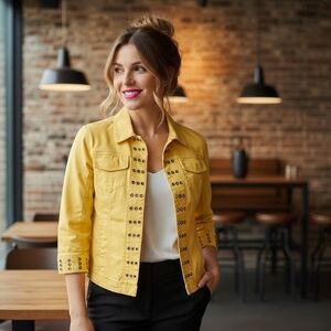 Tria |  Yellow jacket with grommet detail, 3/4 sleeve,pockets